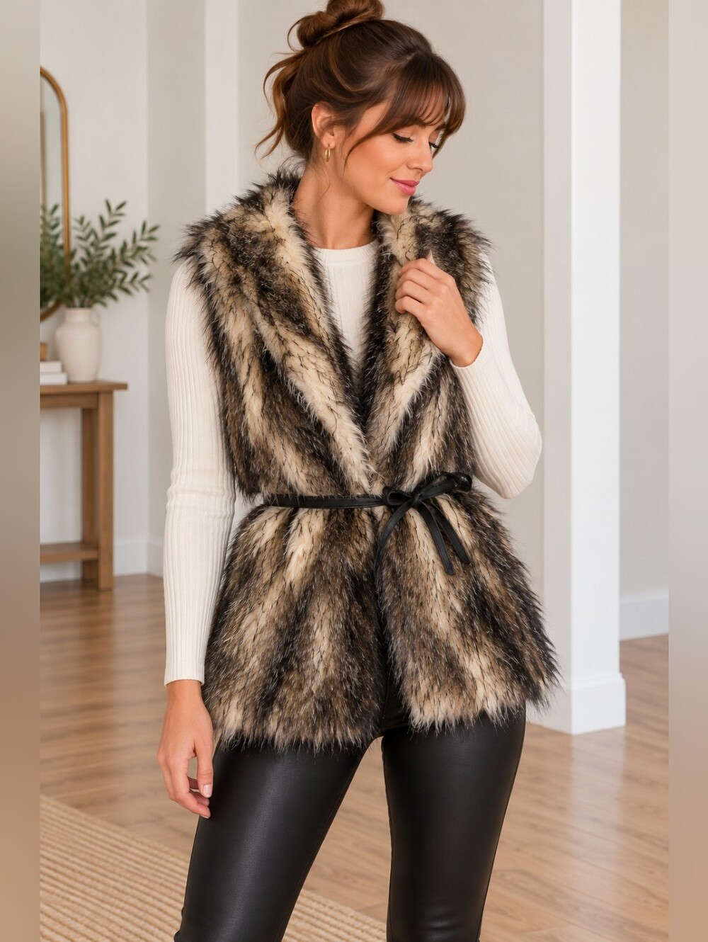 Vintage Guess Faux Fur Vest in Black and Cream with Belt